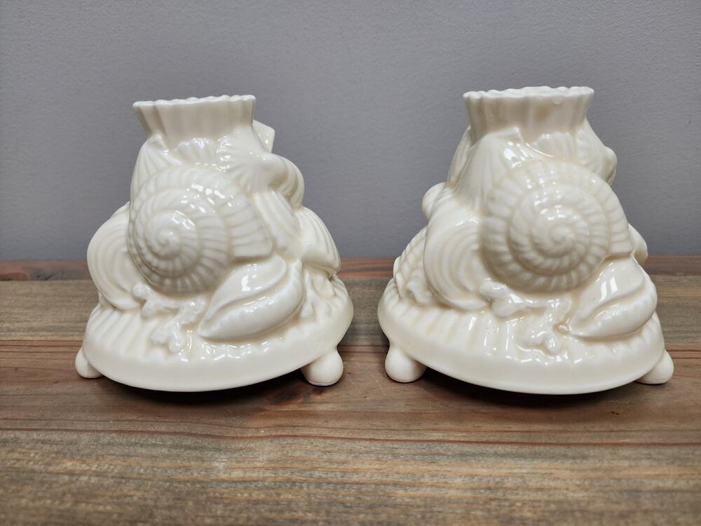 Vintage Shafford Japan 1989 Candlestick Holder Set Shells Coastal Ivory